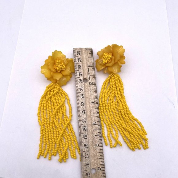 Beaded Flower Dangle Drop Long Tassel Earrings Yellow - Picture 5 of 5